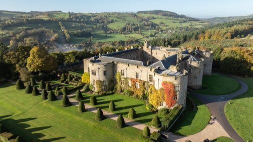 An aerial view of Chirk Castle and Garden, Wrexham, in autumn.
